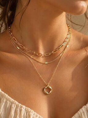 Poxtex Layered Gold Necklaces for Women, Dainty 14K Gold Plated Pendant Necklace